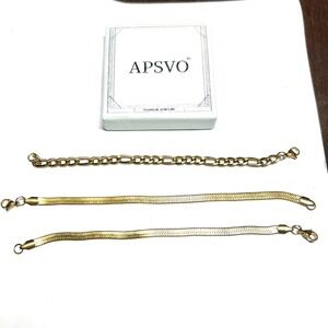 APSVO 18K Gold Plated S925 Bracelet Set Figaro & Herringbone Chains 7-7.5"